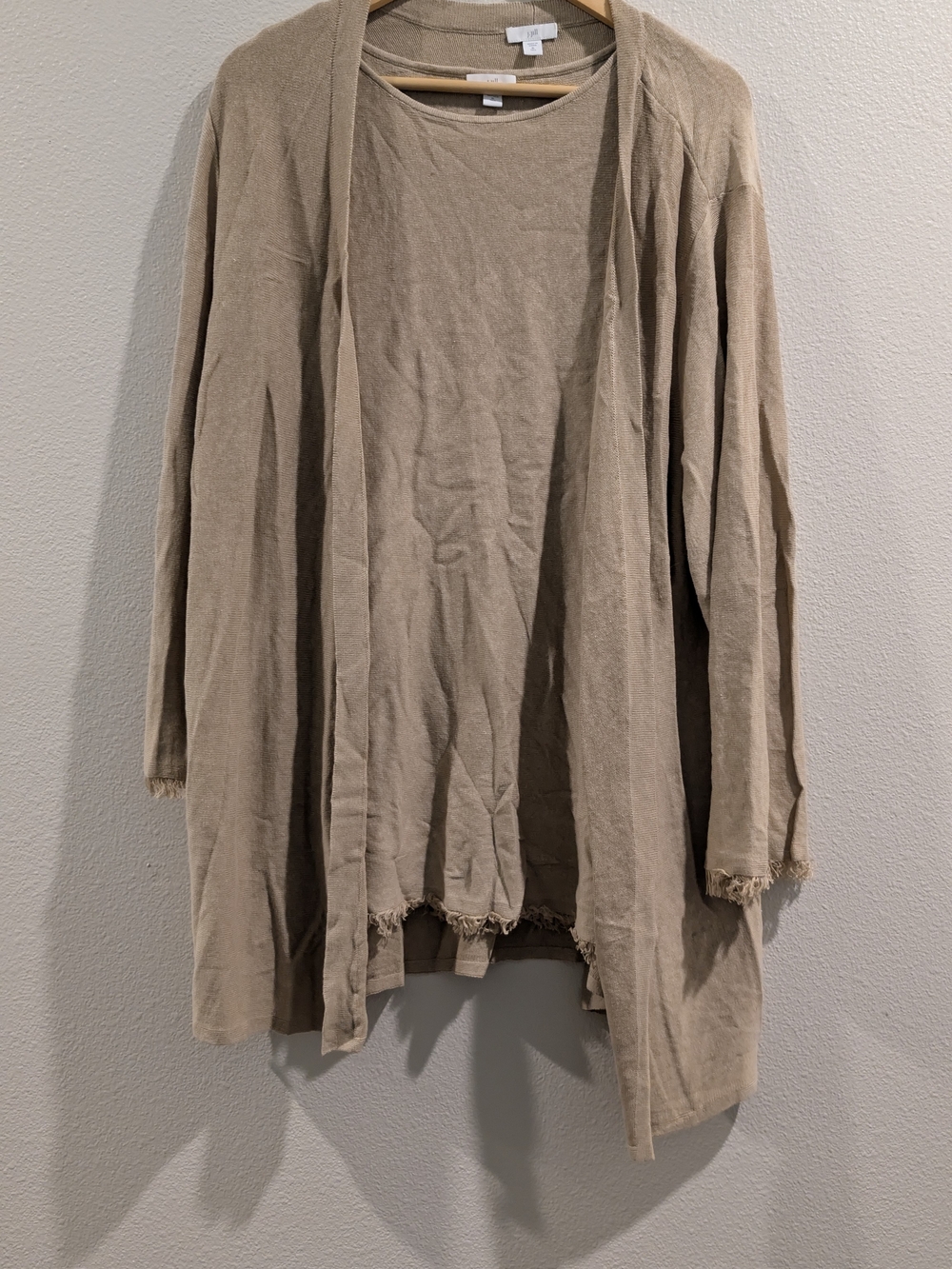 J. Jill Beige Linen Blend Open-Front Drapey Cardigan with Raw-Edge Hem